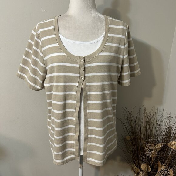 Allison Daley Women Beige White Striped Layered Look Cardigan Knit Top Sz L - Picture 1 of 7